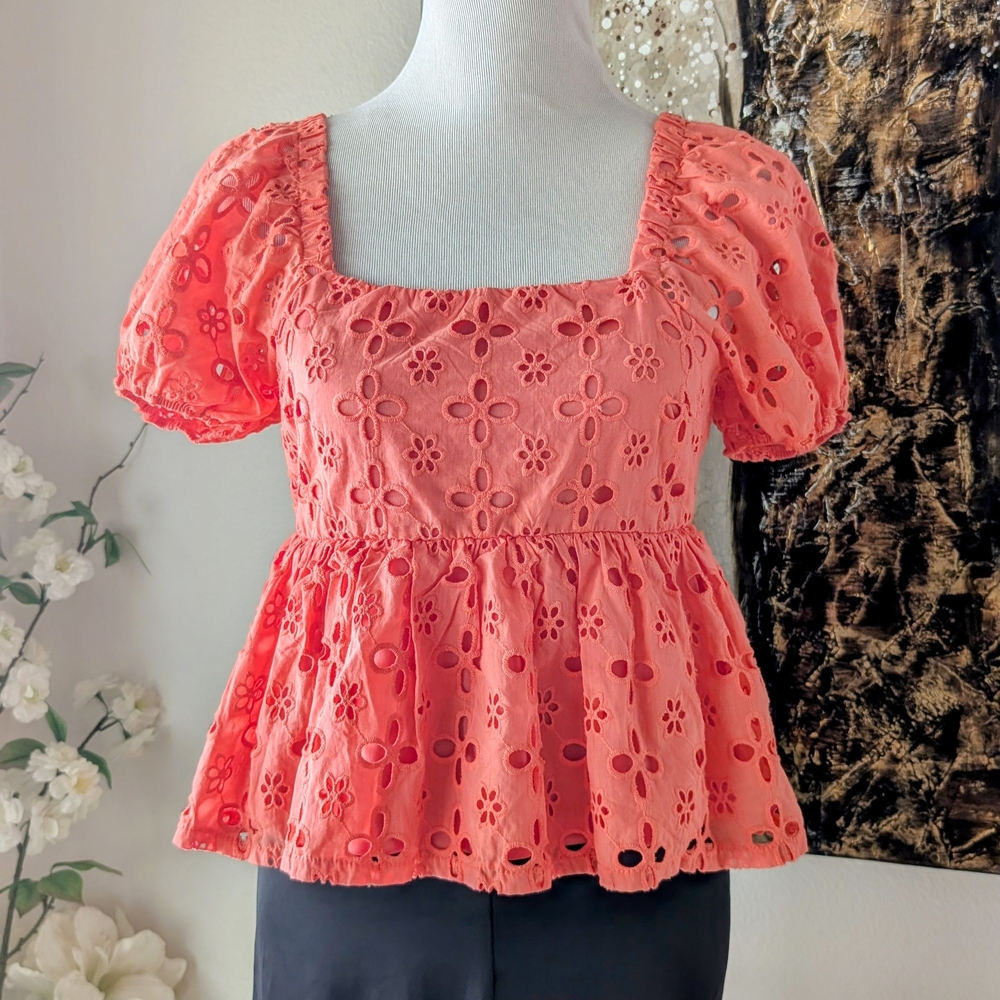 Trixxi Coral Floral Eyelet Blouse
